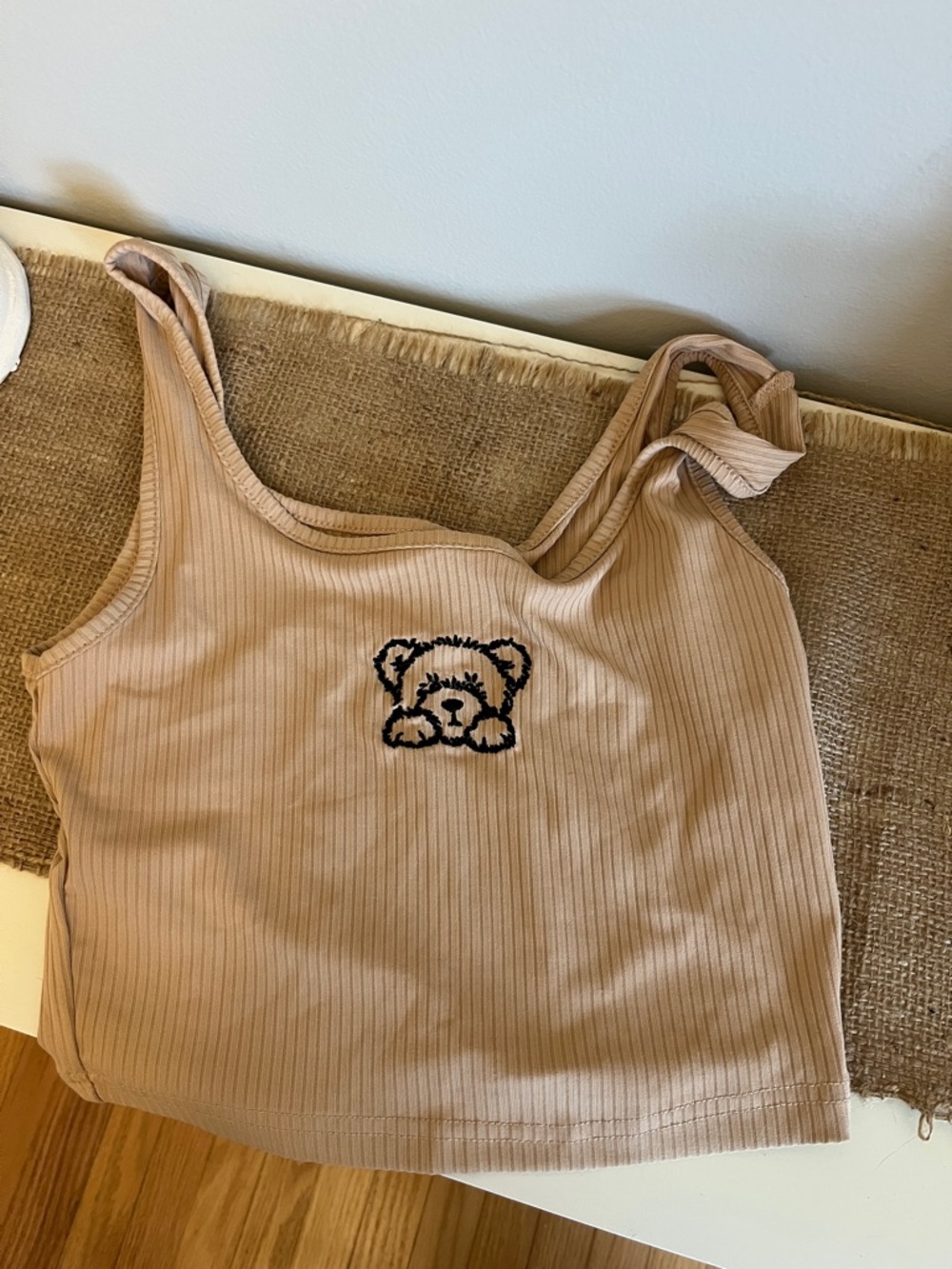 Beige Ribbed Tank with Embroidered Teddy